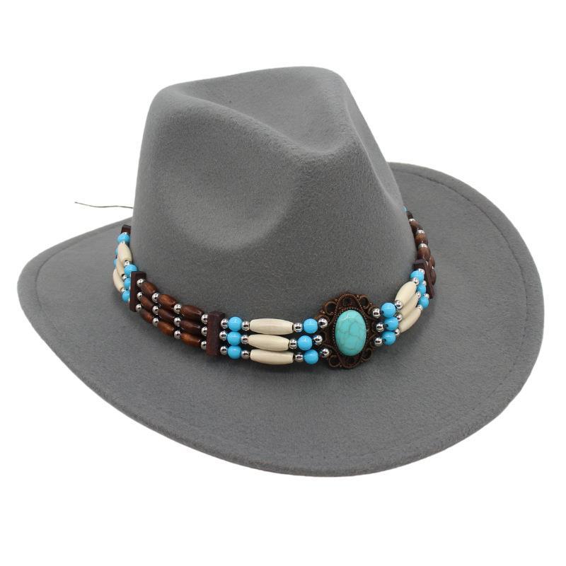 Ethnic Style Western Cowboy Top Hat Turquoise Horseback Riding Jazz Hat Crimped Felt Hat Literary And Retro Sun Hat