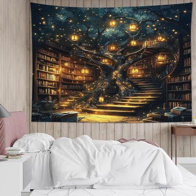 Fantasy Bibliothek Wandteppich Märchenbaum Vintage Bücherregal Wandteppich für Schlafzimmer Retro Bücherregal Buchwand Dekoration für Klassenzimmer