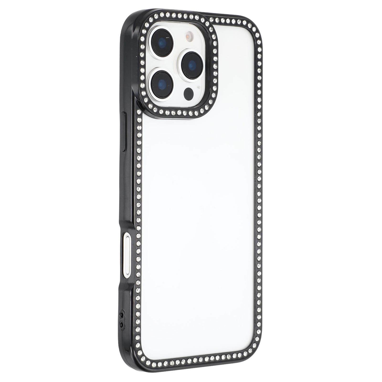 

For iPhone 16 Pro Max Case Sparkling Rhinestone Decor TPU+PC Clear Phone Back Cover Black