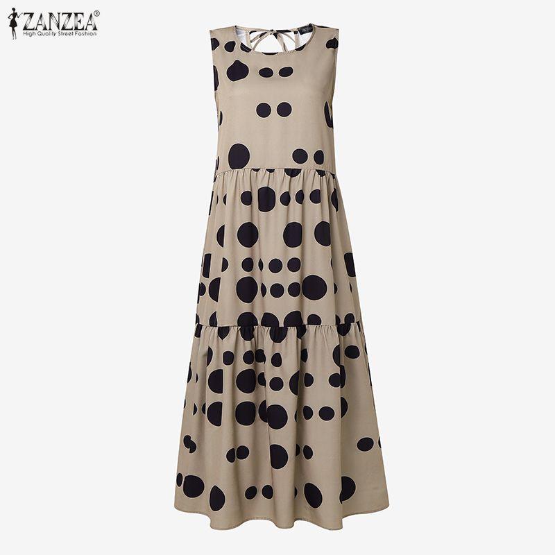 ZANZEA Women Casual Round Neck Loose Sleeveless Print Dress