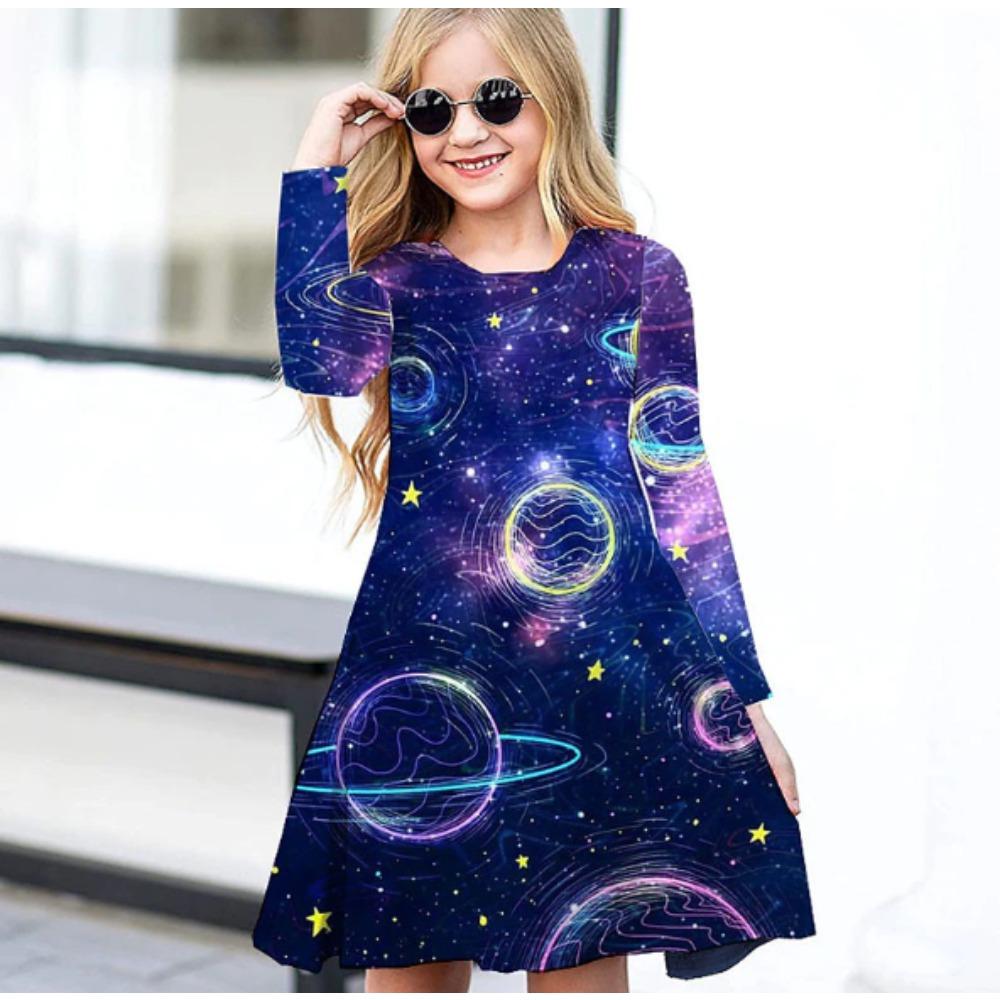 Mädchen Lässiges 3D Einhorn Muster Print Rundhals Langarm Kleid Kinder Prinzessinnenkleid