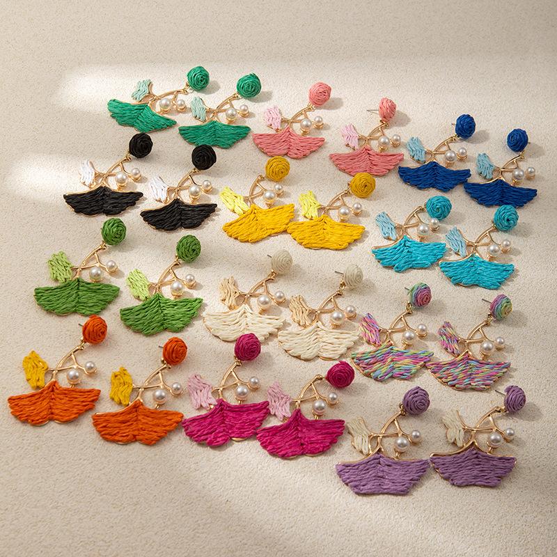 Dopamine Colored Leaves Hand-Woven Raffia Earrings Women'S Vacation Wind Sweet Temperament Unique Earrings Earrings