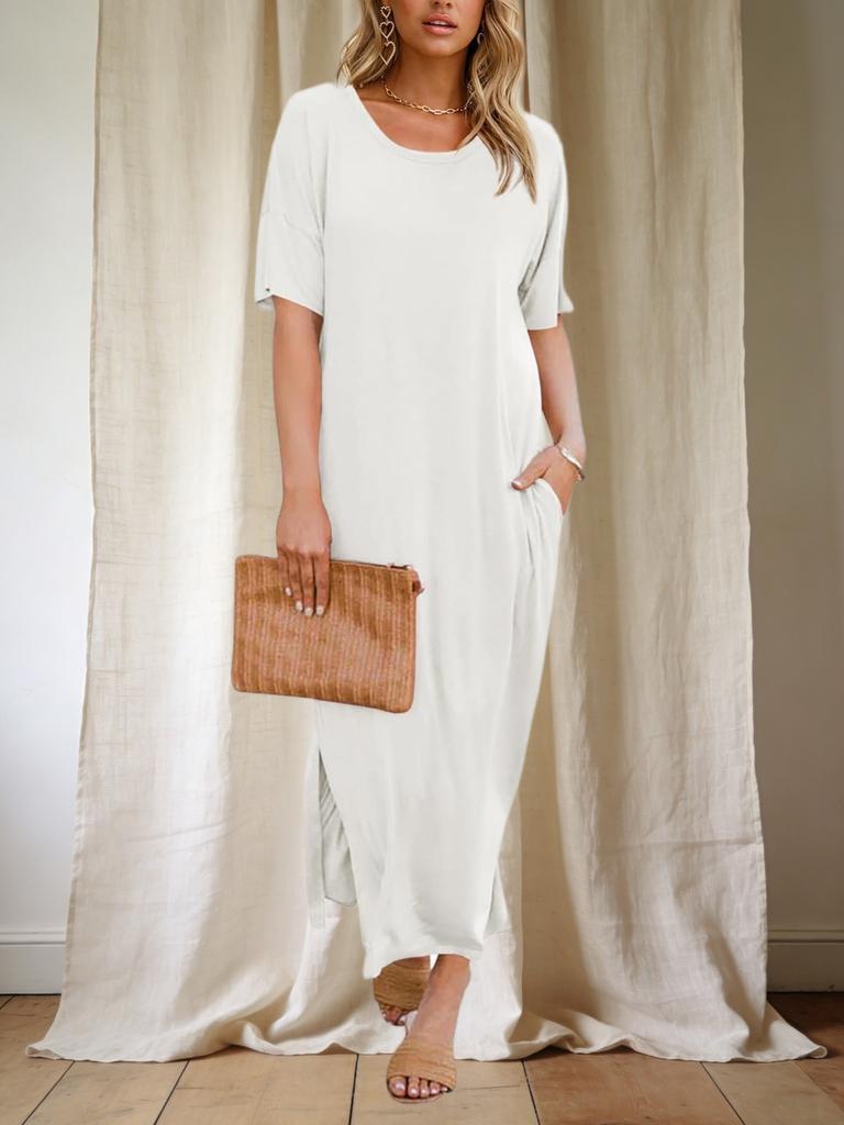 Womens T Shirt Dress Drop Shoulder Side Slit Loose Maxi Dress With Pockets
