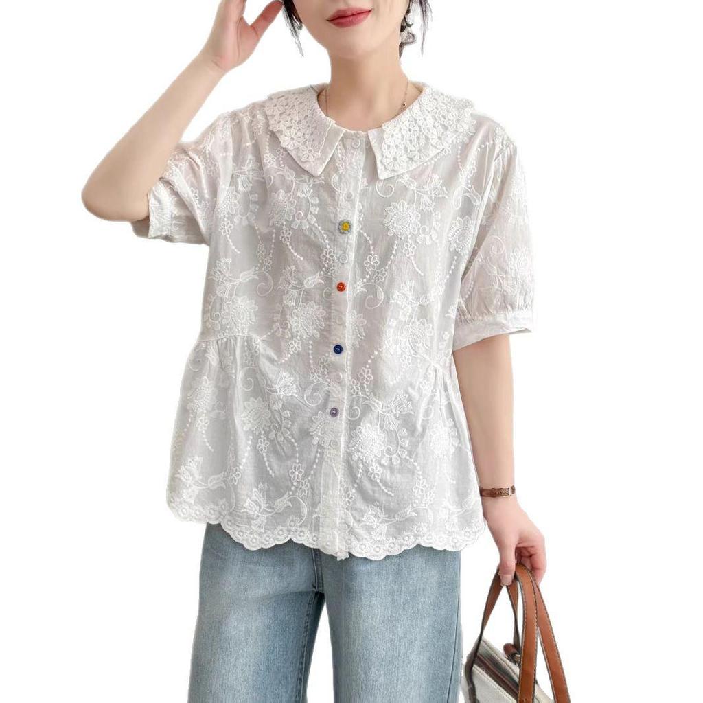 Dámská letní košile s límečkem Petra Pana 2025: Módní, Všestranná, Volná, Zeštíhlující, Omlazující, Halenka s krátkým rukávem