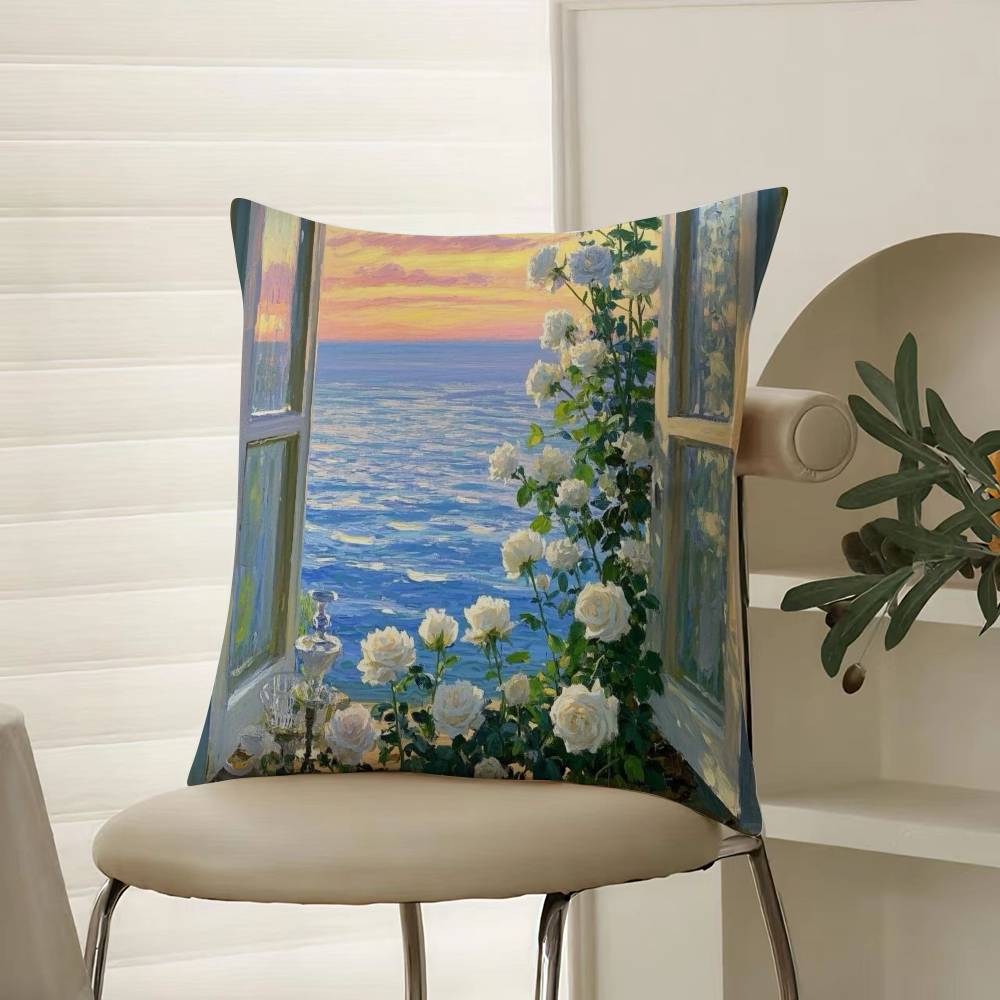 Hand-painted Iandscape Oil Painting Pillow Case Comfort Sofa Bed Silky Elegant Invisible Zipper Decorative Cushion Cover