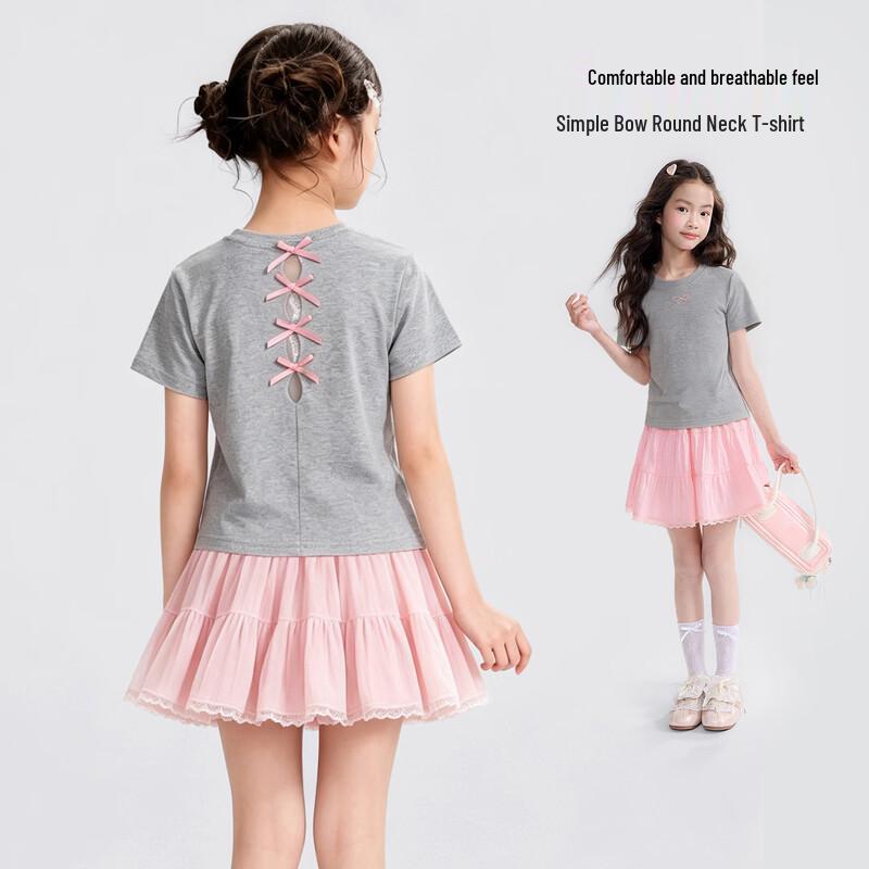 Yuan Yuan Princess Girls Bow Round Neck Short Sleeve T-shirt 120 хизер серый