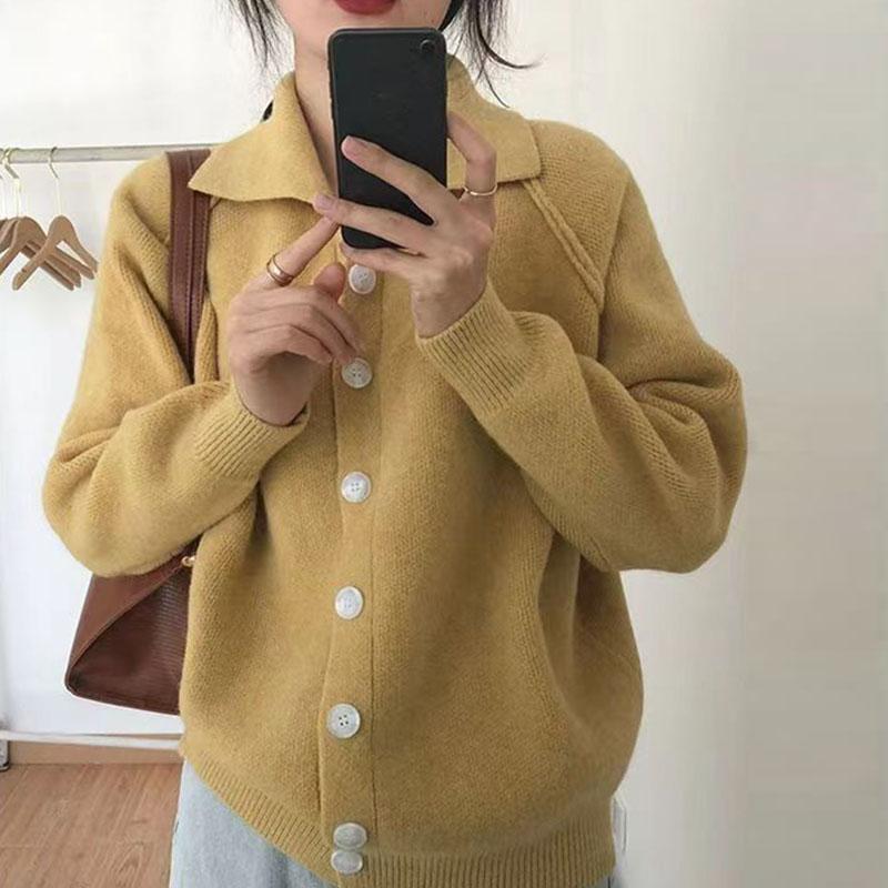 

Осень-зима ленивый отложной воротник вязаный свитер однобортный свитер женский корейский новый однотонный толстый ретро длинный рукав пальто one size жёлтый