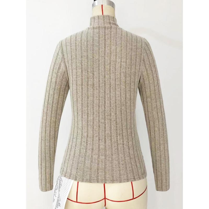 Solid Color Faux Neck Ribbed T-Shirt, Elegant Long Sleeve Slim Fit Hundred Tops for Women