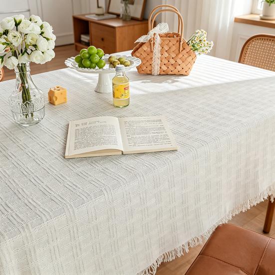 French Grid Tablecloth, Checkered Woven Table Cover for Dining Table, Rectangular Round Desk Mat for Coffee Table Nightstand, Home Decor