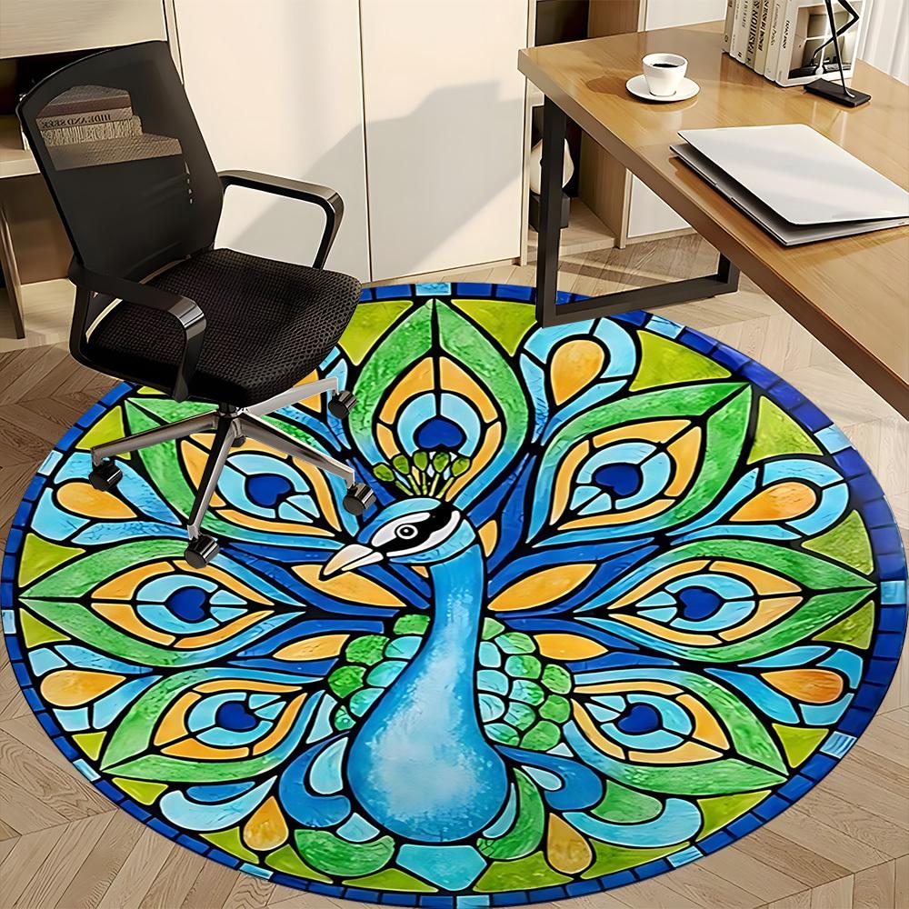 1pc Peacock Stained Glass Office Round Rug, Non-slip, Soft and Durable Office Rug for Interior Decoration, Perfect for Office,Decoration yy260204045
