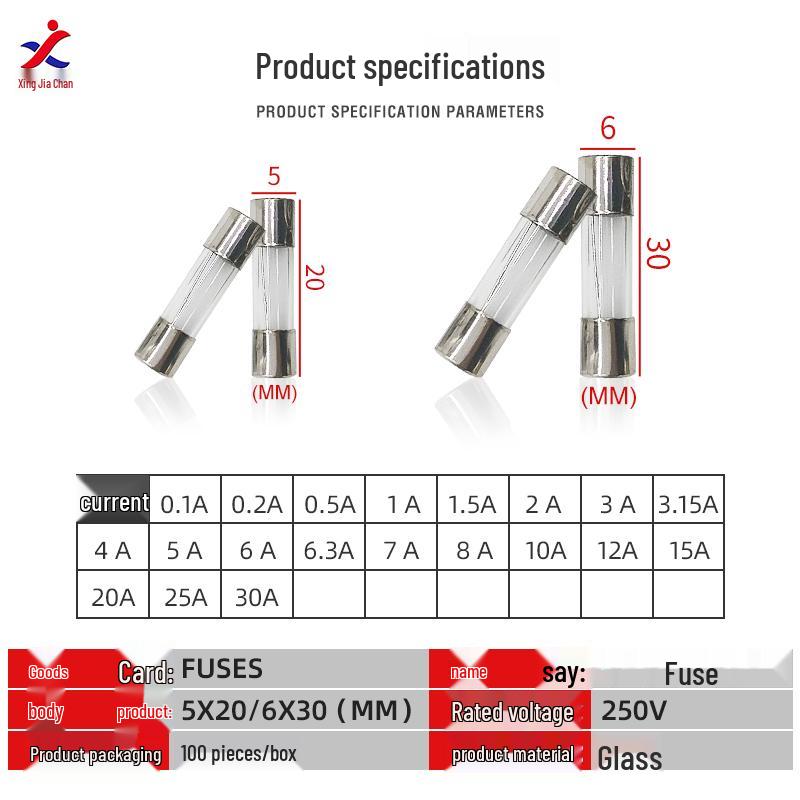 Glass Fuse Tubes: 5x20mm, 6x30mm, 250V, 0.2A, 3A, 10A, 20A