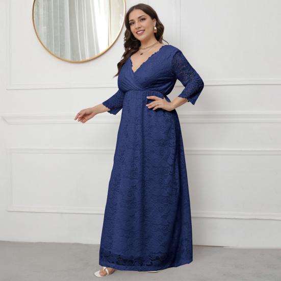 Women Maxi Dress V-Neck 45720 Sleeve High Waist Long Dress Embroidery Lace Flower Wedding Vacation