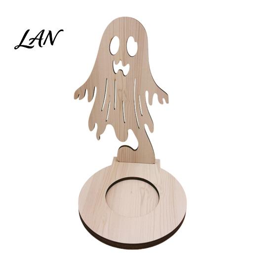 Small Tealight Display Halloween Wooden Candle Holder, Silhouette Ghost/Bat/Scarecrow/Bat Ghost Decor Holder for Home Table Fireplace Black Cat Base