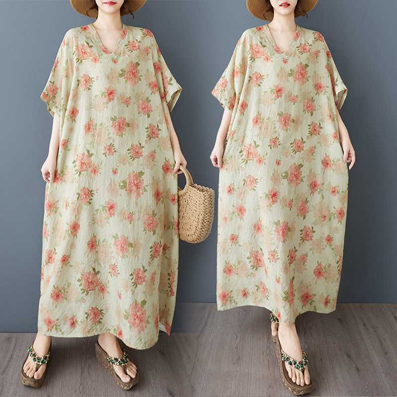 Summer Vacation Style V-neck Retro Cotton and Linen Dress