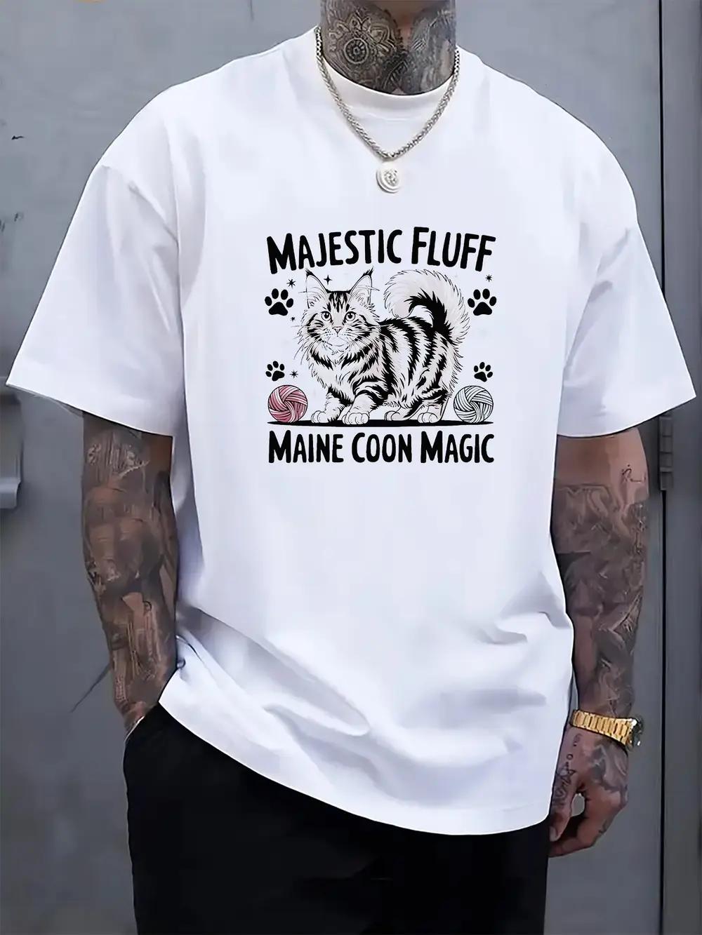 Majestic Fluff Maine Coon Magic Graphic Tee - Casual Crew Neck Short Sleeve T-shirt with Playful Cat & Paw Print Design S