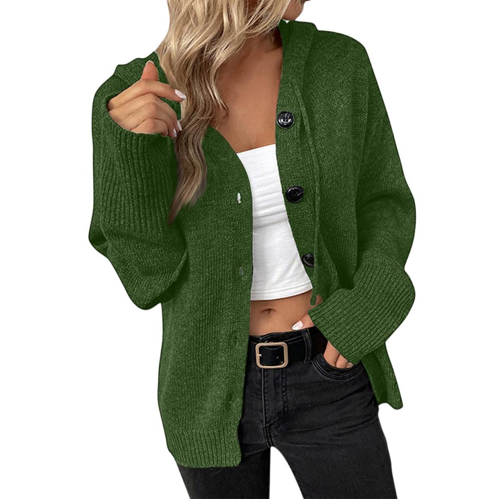 Women's New Autumn-Winter V-Neck Solid-Color Single- Knit Sweater Hooded Cardigan