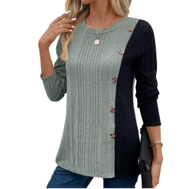 

Весенне-осенний женский вязаный топ с цветными блоками и пуговицами, повседневная блузка с длинными рукавами и разрезом 2XL светло-зеленый