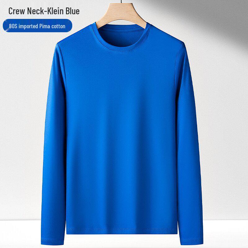 Men's 175g Pima Cotton Long-Sleeved Crew Neck T-Shirt, Solid Color, 80 Count, Versatile Casual Base Layer