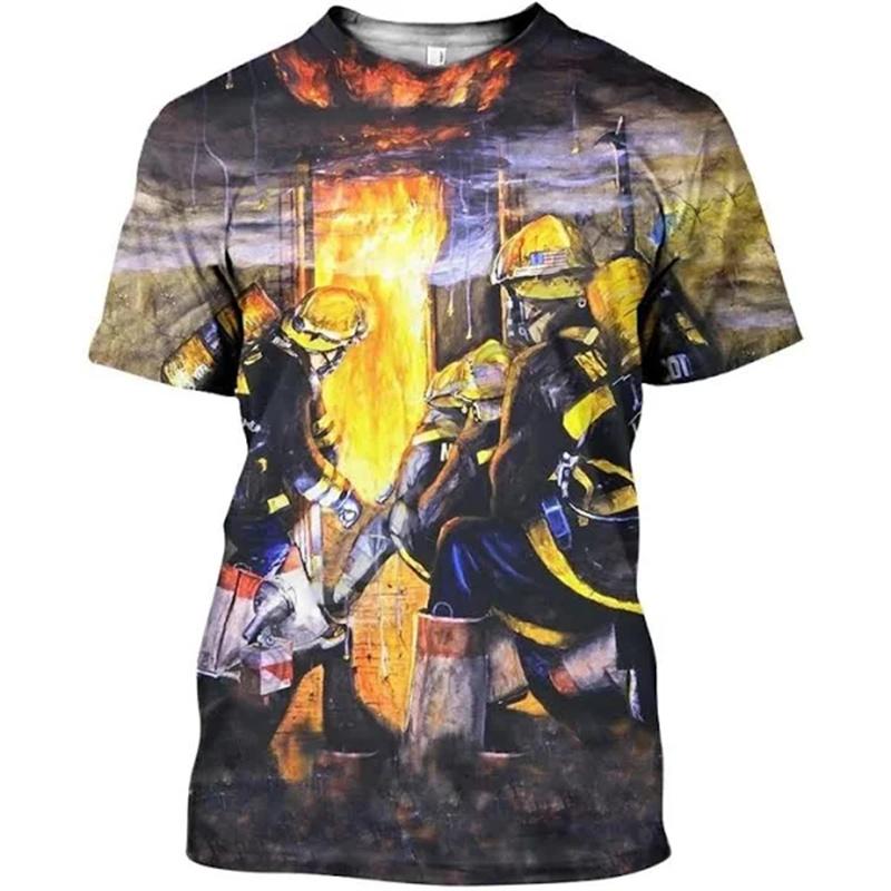 Sommer 3D Feuerwehrwehrmann Aufdruck T-Shirt Kinder Mode Streetwear Kurze Ärmel Harajuku Kleidung Fitnessstudio T-Shirts Für Männer T-Shirts