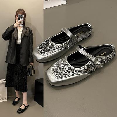 French Glitter Silver Headband Half Slippers Summer Style Mary Jane Flat Shoes Women Slides Women Luxury Zapatos De Mujer Mules