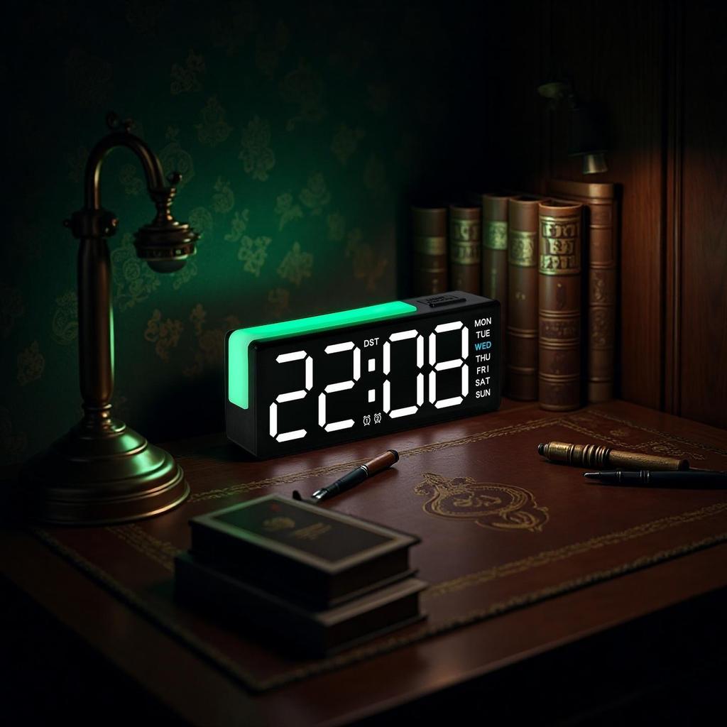 LED Digital Alarm Clock Atmosphere Light Date Teperature Week Display DST Snooze Table Clock 12/24H Brightness Adjustment