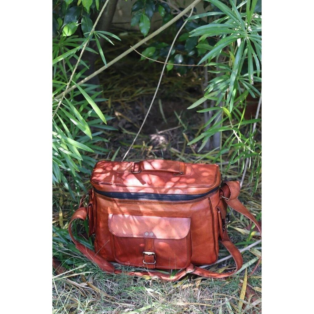Camera Bag Unisex Genuine Leather Vintage Brown Cross Body For Photographers