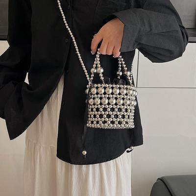 Bag Women's Spring and Summer 2025 New Niche Design Pearl Messenger Bag Beaded Woven Hollow Mobile Phone Bag Bucket Bag