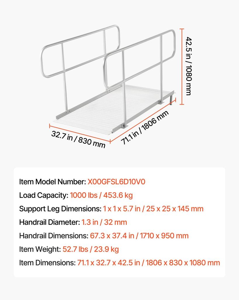 Wheelchair Ramp with Handrails, 1806 x 830 mm, Heavy Duty Wide Aluminum Wheelchair Ramp with Adjustable Legs, 453.6 kg Capacity, Portable Threshold
