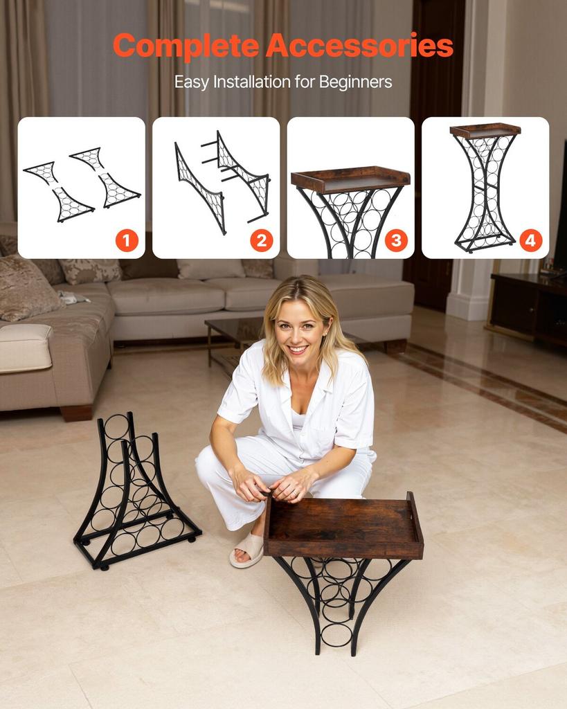 15 Bottle Wine Rack,Iron Freestanding Floor Wine Holder, Mini Bar Stand Liquor Cabinet with Wood Tabletop, For Home Bar,Kitchen,Living Room,Dining