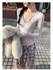 Women's Lyocell Tencel Wool Lace-up V-Neck Slimming Base Layer Top for Autumn/Winter