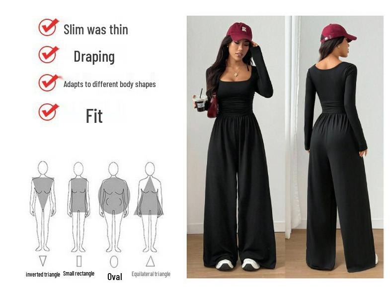 Tuta da donna 2026 con scollo quadrato e gamba larga: Vita Alta, Manica Lunga, Stile Europeo & Americano, Design Casual con Cintura in Vita