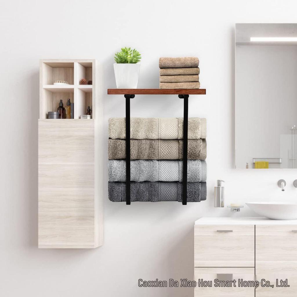 Wall-Mounted Wooden and Metal Towel Rack for Bathroom Use