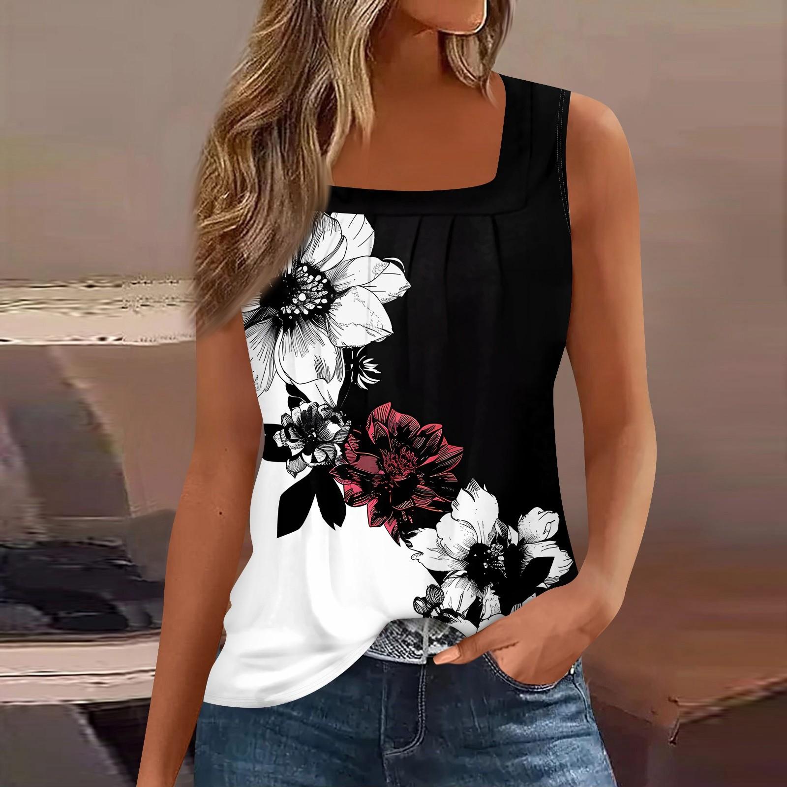 

Безрукавка з квадратним коміром. Жіноча безрукавка з принтом. Повсякденна сорочка без рукавів вільного крою M чорний