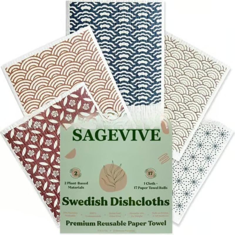 Eco-Friendly Biodegradable Wood Pulp Sponge Cloth, Swedish Style Multi-Purpose Kitchen Cleaning Wipes 5 pieces/box
