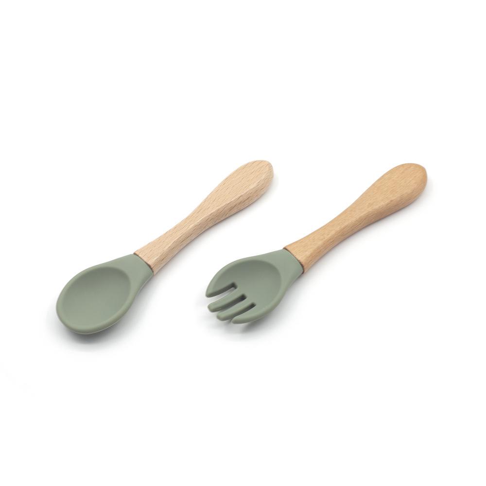 Silicone Baby & Toddler Tableware with Wooden Handle Fork & Spoon for Feeding Training