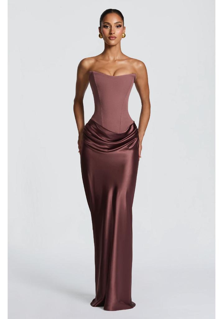 Europäisches einfarbiges trägerloses Satin-Bodycon-Kleid mit Schnürband in der Taille