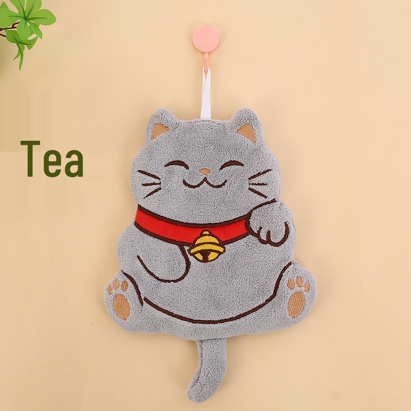 Lucky Cat Coral Fleece Cartoon Hanging Towel for Kitchen & Bathroom - Soft & Child-Friendly
