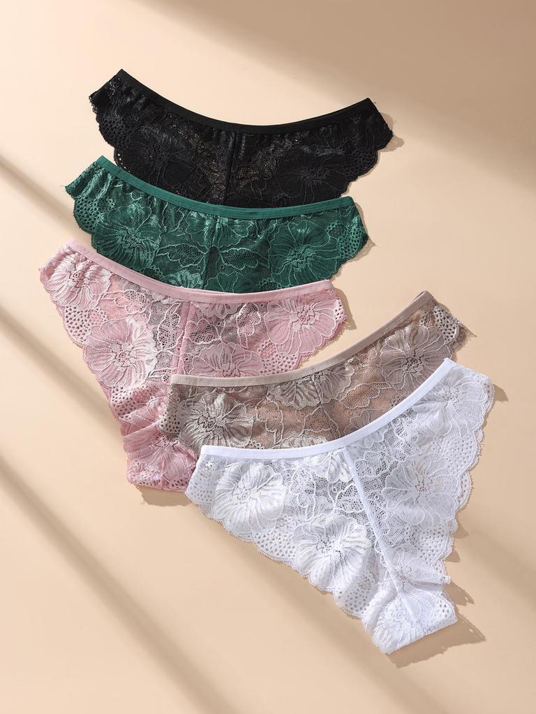 5PCS Women Floral Lace Panties Sexy Perspective Underwear Low Waist Solid Underpants Breathable Intimates Female Lingerie M-XL