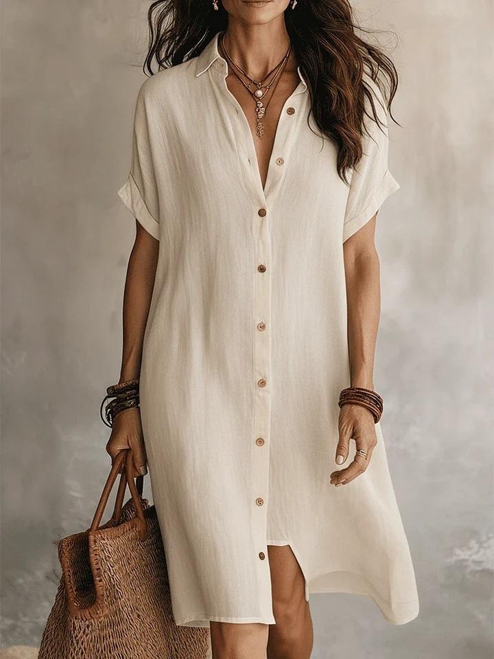 2026 European and American new shirt skirt fashionable and casual solid color short-sleeved button medium and long dress