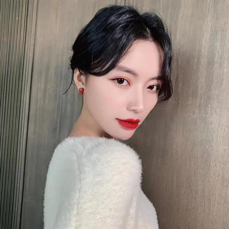 S925 Silver Needle Girl Sense Cute Small Strawberry Net Red Wild Earrings Student Birthday Gift Accessories Crystal Earrings