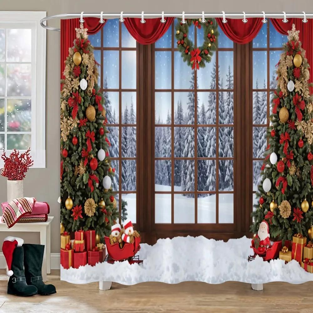 

Christmas Party Shower Curtains Fireplace Christmas Tree and Gifts Snowman Snow Scene Washable Shower Curtain Art Bathroom Decor 35x70in-90x180cm