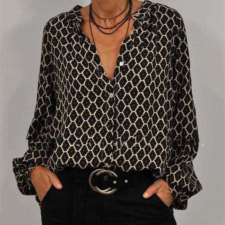 New Women's Spring Season V-Neck Long Sleeve Printed Fashion Elegant T-Shirt Blouse