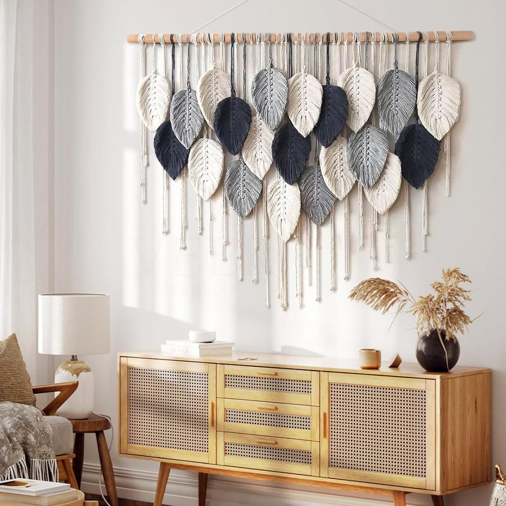 Weldomcor Macrame Wall Hanging Leaf Woven Tapestry Bohemian Chic Wall Hanging Feather Large Handmade Wall Art Decor for Bedroom Living Room Apartment
