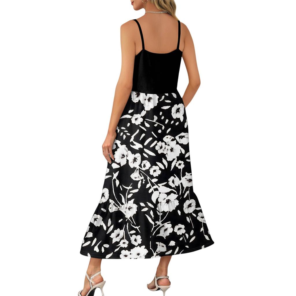Women's Long Beach Casual Elegant Spaghetti Strap Maxi Dress Floral Low-key Flowing Bohemian Dress