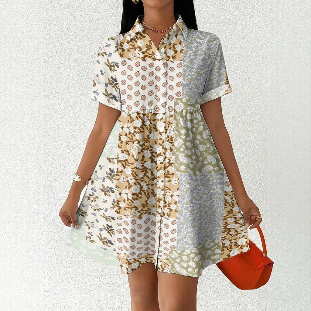 Women’s Casual Loose Fit Shirt Dress with Button Front Stand Collar Short Sleeve Patchwork Print Lightweight Design