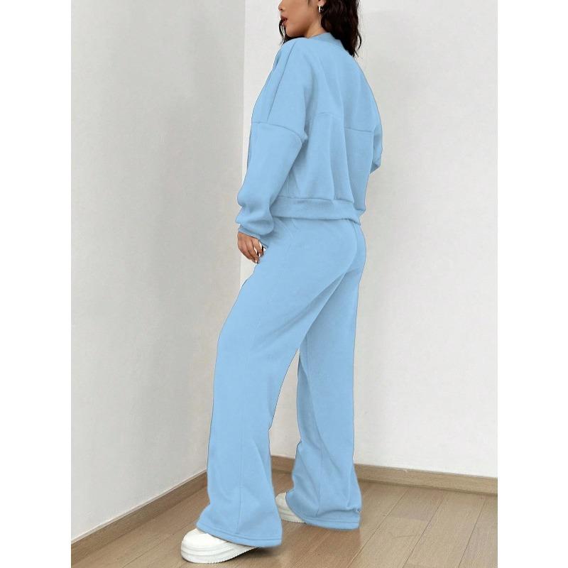 VEZFAA Pantalones de moda para mujer, informales, de primavera y otoño, con estampado de colores sólidos, de manga larga y cuello redondo, pantalones, trajes