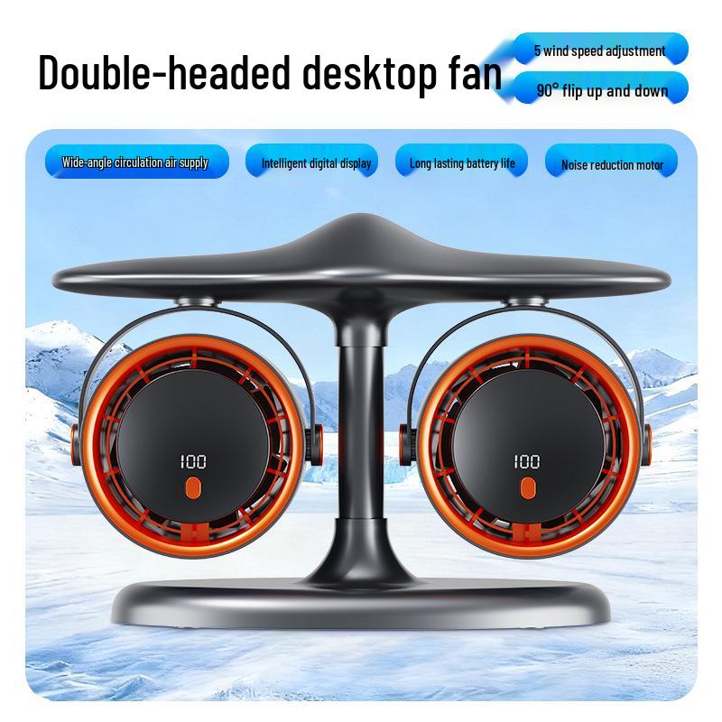 Double-Head USB Rechargeable Desktop Fan with Digital Display Fan