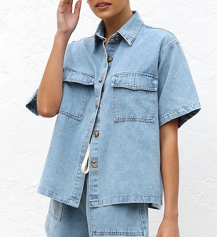 Women's Two Piece Matching Set Half Sleeve Denim Shirt Elastic Waist Denim Shorts Casual Streetwear Outfit Co-ords