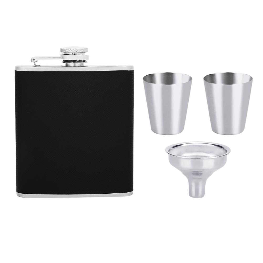 Flasque à hanche en acier inoxydable Cuir noir Entonnoir avec deux gobelets à vin Ensemble pour cadeau d'anniversaire(7 onces) gray