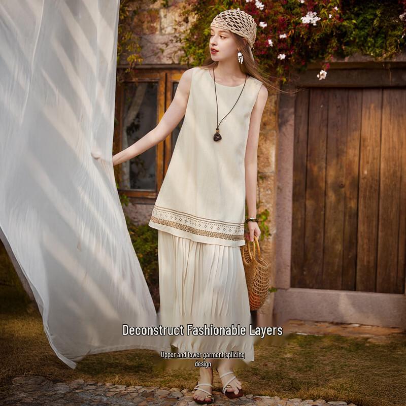 Women's Ethnic Embroidered Linen Blend Sleeveless Dress